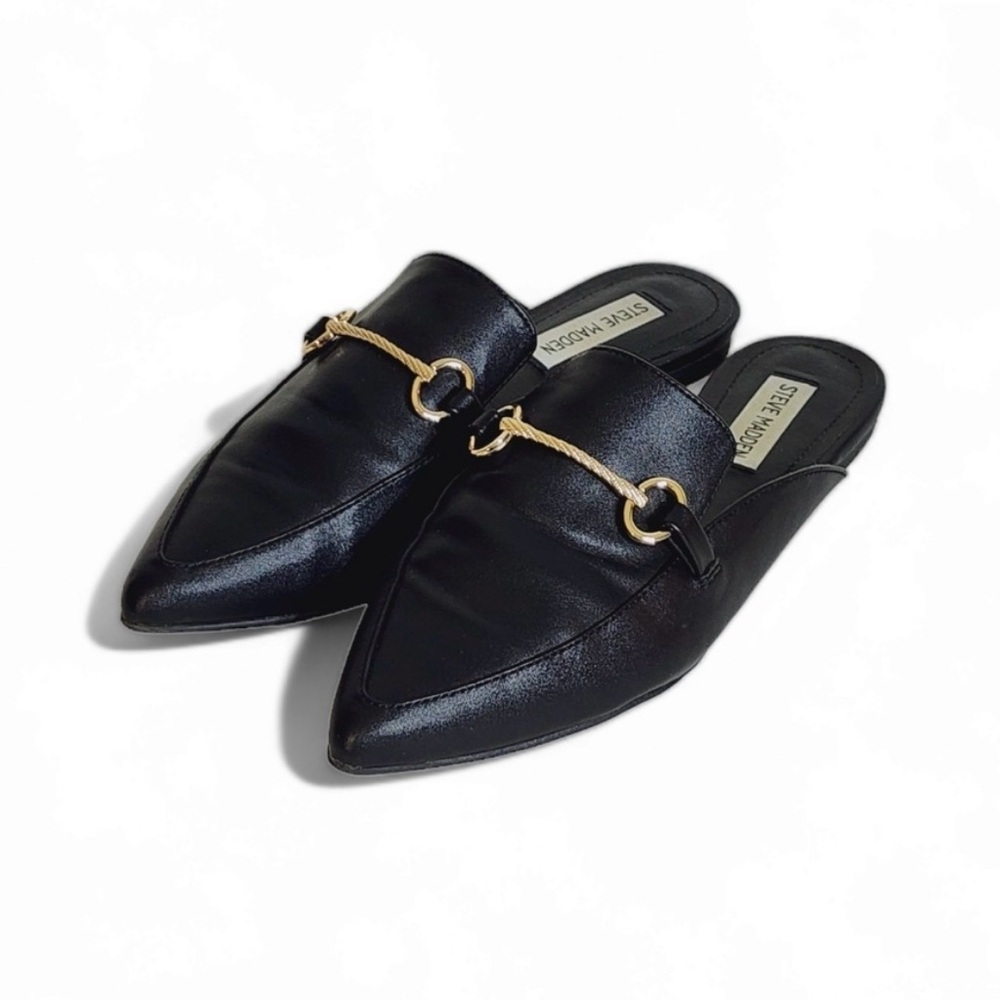 Steve Madden New Vegan Leather Freedom Flats in Black Gold Horsebit Size 8 M